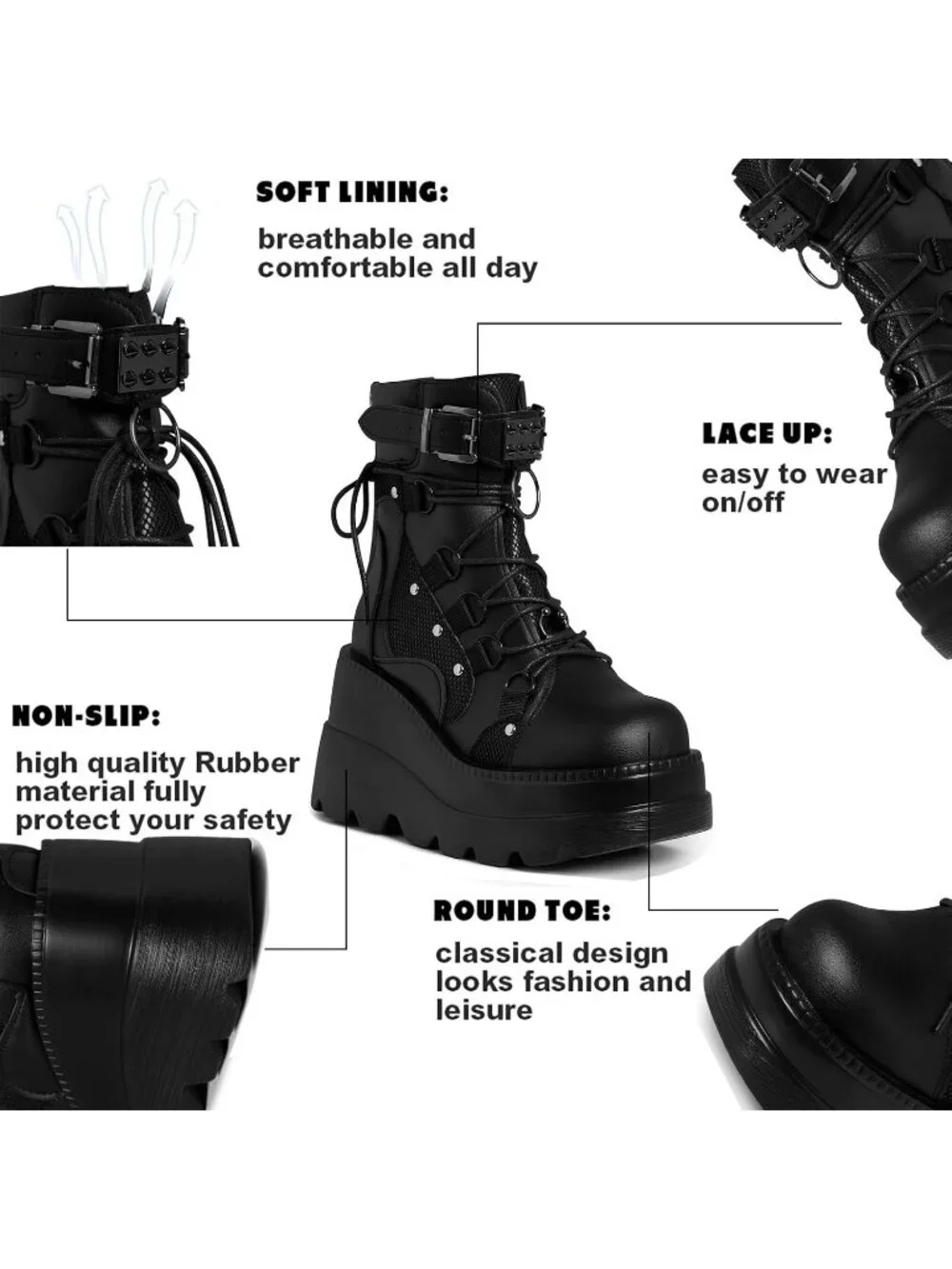 Women's Black Polyurethane Platform Chunky Stylish Lace Up Round Toe Ankle Boots - Picture 4 of 6